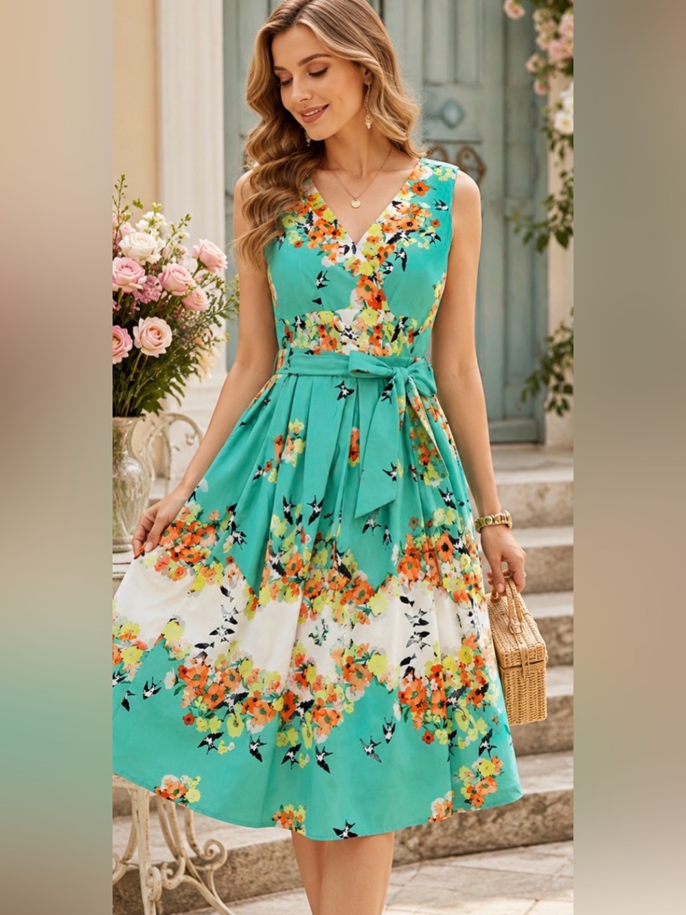 Rabbit Rabbit Rabbit lined Floral Fit & Flare Dress w/ Birds & Tie Waist Lined.